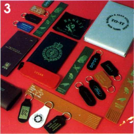 Leather goods, Key fobs, Diaries, Spectacle cases.